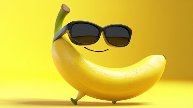 A cartoon banana with sunglasses smiles against a yellow background.