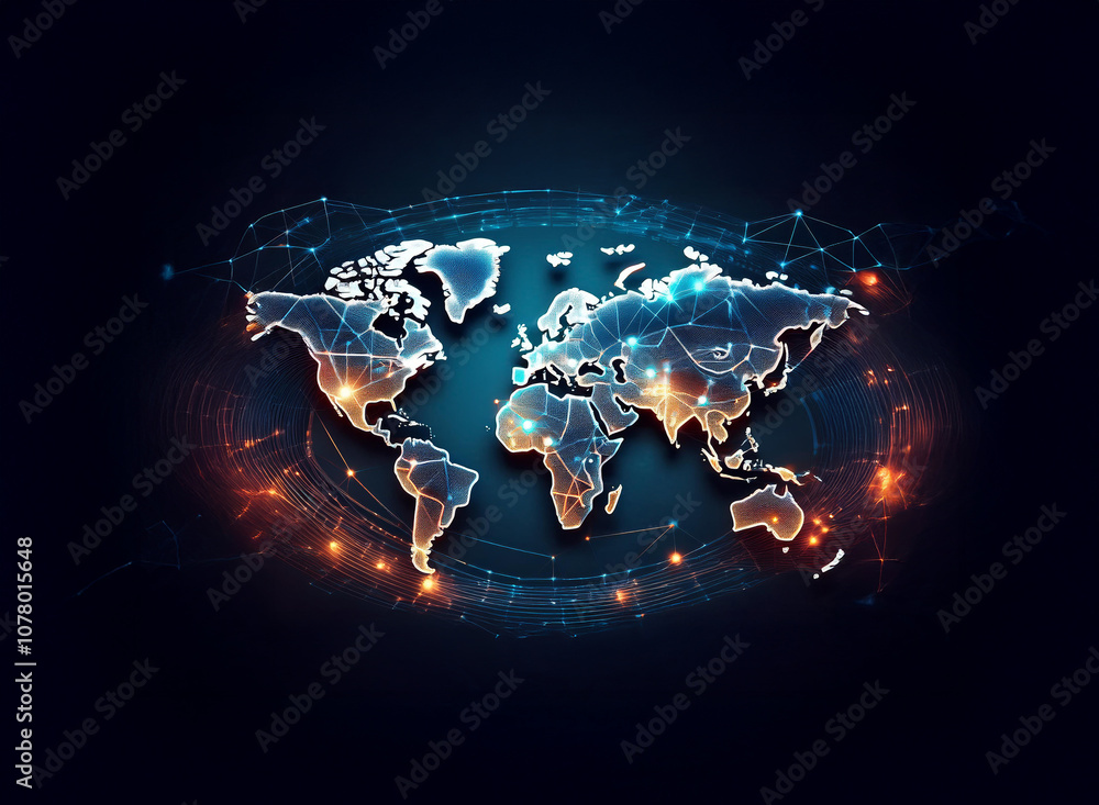 Poster a glowing, abstract world map with interconnected lines and nodes, representing global connection an