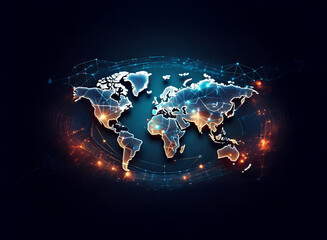 A glowing, abstract world map with interconnected lines and nodes, representing global connection and communication.