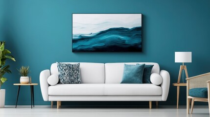 A modern living room featuring a white sofa, teal wall, ocean-themed artwork, and decorative cushions, creating a serene coastal ambiance.