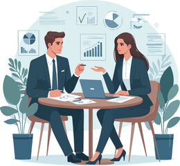 Partners meeting for business discussion with documents and laptop on desk. Couple at round table, speaking, discussing work, partnership. Flat vector on a white background