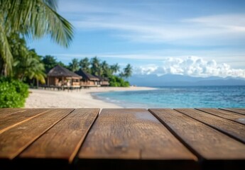 Fototapeta premium Wooden Table Overlooking Tropical Beach Scenery