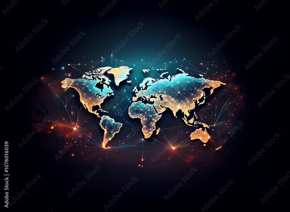 Poster a stylized world map with glowing lines and points of light, set against a dark background.