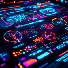 Fototapeta premium Diverse holographic map, vibrant tech connections, glowing interface