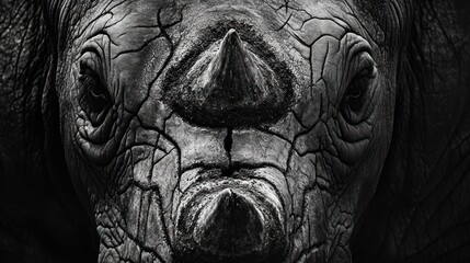 Close-up of a rhinoceros's face, showing its wrinkled skin, horn, and intense gaze.