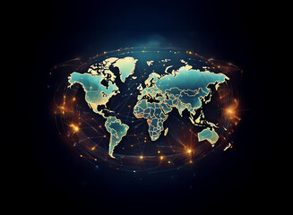 A stylized world map with a glowing network of connections representing global communication and...