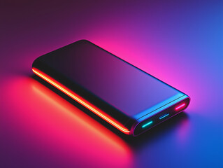 a futuristic power bank with neon red and blue glowing edges symbolizing advanced technology and portable charging