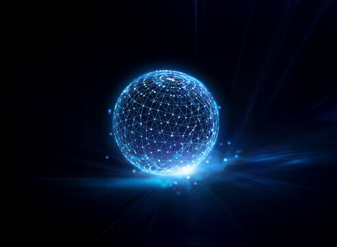 A glowing blue sphere made of connected points against a dark blue background, suggesting a digital or futuristic concept.