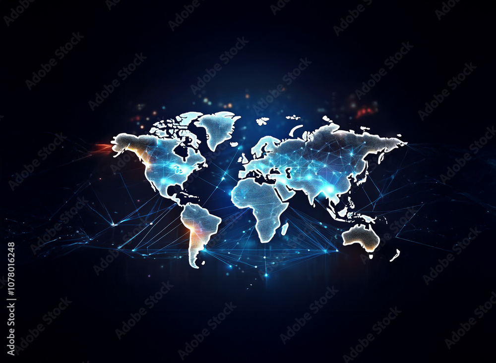 Aufkleber a glowing outline of the world map on a dark background with bright lights emanating from it.