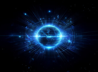 Obraz premium A glowing blue sphere resembling Earth surrounded by radiating lines and light bursts against a black background.