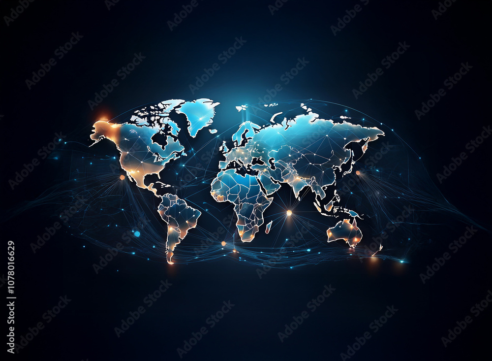 Poster a world map outlined in silver with glowing blue and orange dots and lines connecting them on a dark