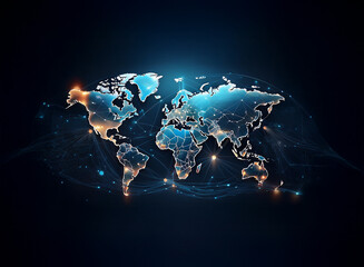 A world map outlined in silver with glowing blue and orange dots and lines connecting them on a dark blue background.
