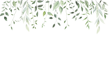 Delicate border with green abstract hanging branches, isolated watercolor illustration for invitation card, cover, frame or wallpapers. Hand drawn foliage background.