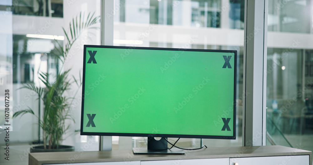 Aufkleber monitor, green screen and office for presentation, computer and mockup space with tracking markers. 