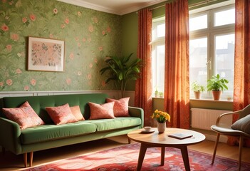 Scandinavian living room interior design zoom background,Doodle patterned wallpaper graphics