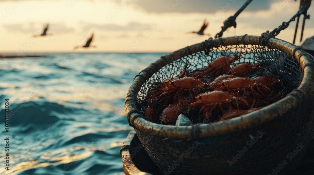 Poster a basket full of crabs is floating in the ocean