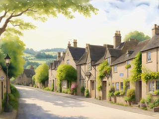 The Cotswolds England Country Landscape Watercolor Illustration Art