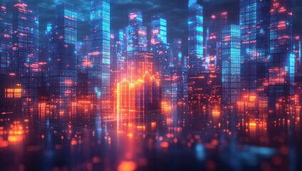 Obraz premium Neon Cityscape with Rising Graph