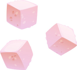 Tropical sugar cubes. Cartoon vector three cubic pieces floating in the air. Essential ingredient for tea, coffee, drinks, food and beverage sweeten. Sweet sugar cubes, dessert or candy