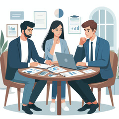 Partners meeting for business discussion with documents and laptop on desk. Couple at round table, speaking, discussing work, partnership. Flat vector on a white background