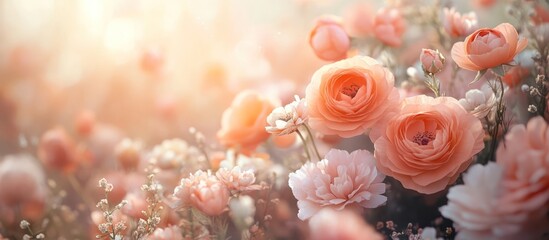 Soft pink and peach roses in a field of wildflowers with the sun shining through.
