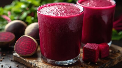 Refreshing beetroot juice in glasses, surrounded by beets.