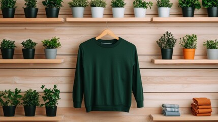 Green Sweater Hanging on Wooden Wall with Plants.