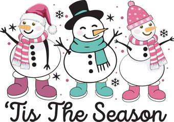 Tis The Season Pink Cute Snowman Christmas Winter T shirt Design