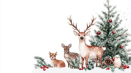 Watercolor Christmas Deers with Pine Tree and Owl.