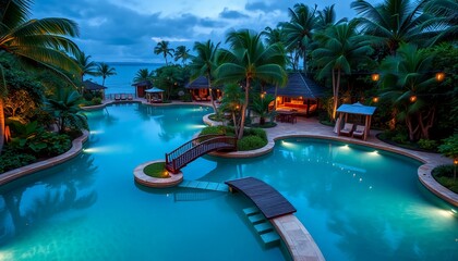 Fototapeta premium Lagoon-Style Pool with Private Coves and Bridges, large lagoon-inspired pool with winding pathways and small footbridges