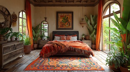 A bohemian bedroom with a large bed, orange curtains, a patterned rug, and large plants in pots.