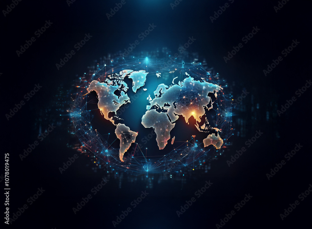 Poster a stylized world map with glowing lines connecting continents, representing global interconnectednes