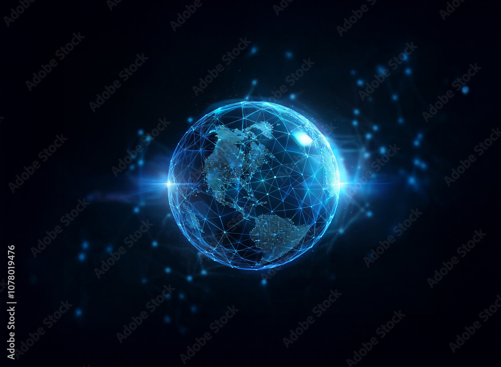 Poster a glowing blue earth with a mesh pattern on its surface, surrounded by connected dots of light again