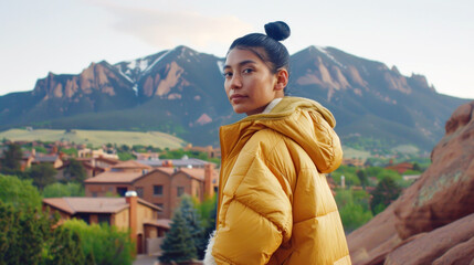 Naklejka premium A Native American woman dressed in urban outdoor clothing hikes along a trail, surrounded by stunning mountain views and greenery