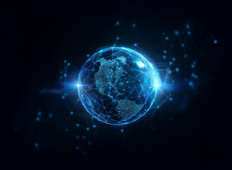 Obraz premium A glowing blue Earth with a mesh pattern on its surface, surrounded by connected dots of light against a black background.