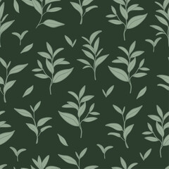 Green tea leaves seamless pattern. Hand drawn branches and leaves on green background.