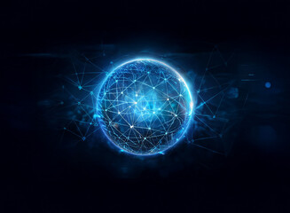 Obraz premium A glowing blue sphere with a network of lines and points connecting it.