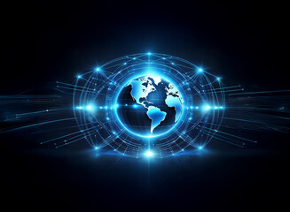 A glowing blue globe is surrounded by a network of interconnected lines and glowing points on a dark background.