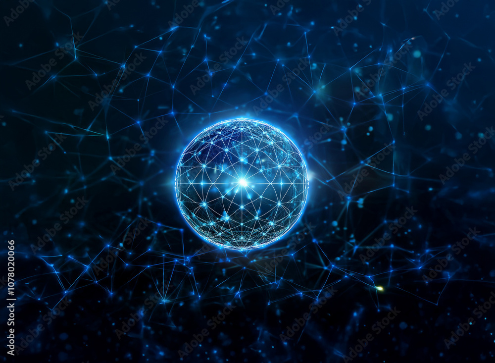 Aufkleber a glowing sphere surrounded by a network of interconnected lines on a dark blue background.