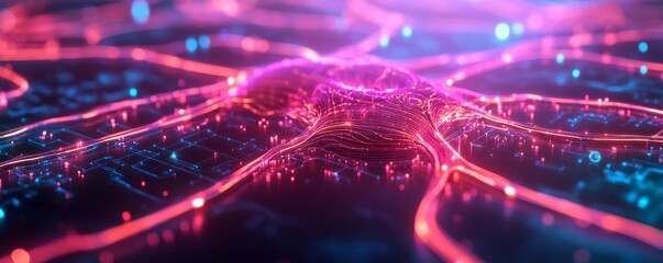 Diverse neural pathways, holographic nodes, glowing tech landscape