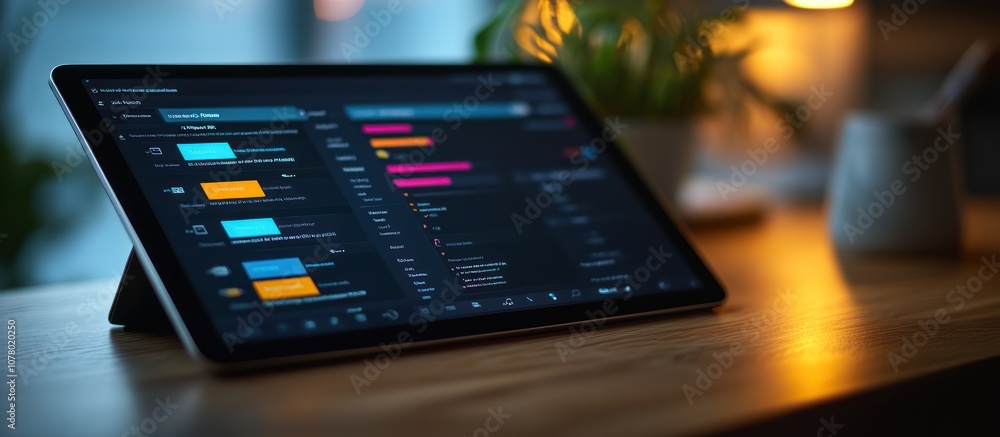 Poster a tablet computer displaying colorful graphs and charts on a wooden desk, with blurred background.