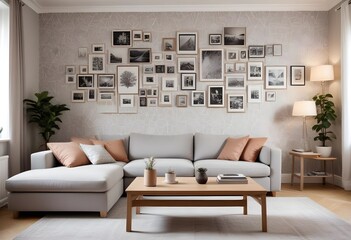 Scandinavian living room interior design zoom background,Doodle patterned wallpaper graphics