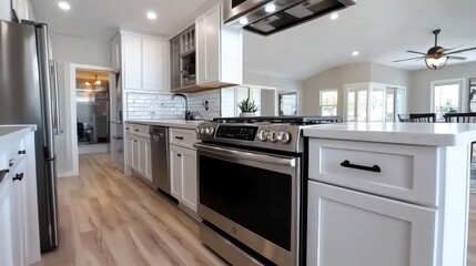 Modern kitchen interior design featuring stainless steel appliances and open layout, brightened by natural light in a spacious home