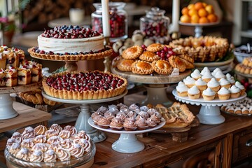 Festive Thanksgiving Table with Pies Cakes and Autumn Decorations