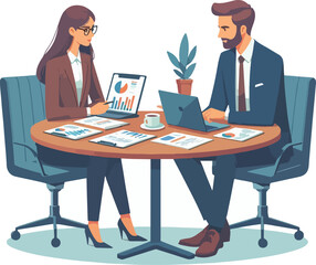 Obraz premium Partners meeting for business discussion with documents and laptop on desk. Couple at round table, speaking, discussing work, partnership. Flat vector on a white background