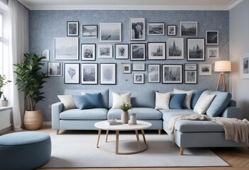 Scandinavian living room interior design zoom background,Doodle patterned wallpaper graphics