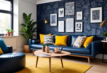 Scandinavian living room interior design zoom background,Doodle patterned wallpaper graphics
