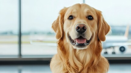 A cheerful golden retriever poses in an airport, showcasing its friendly demeanor against a backdrop of planes and large windows.