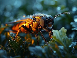 Golden Wasp on Green Leaf