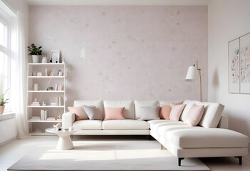 Scandinavian living room interior design zoom background,Doodle patterned wallpaper graphics